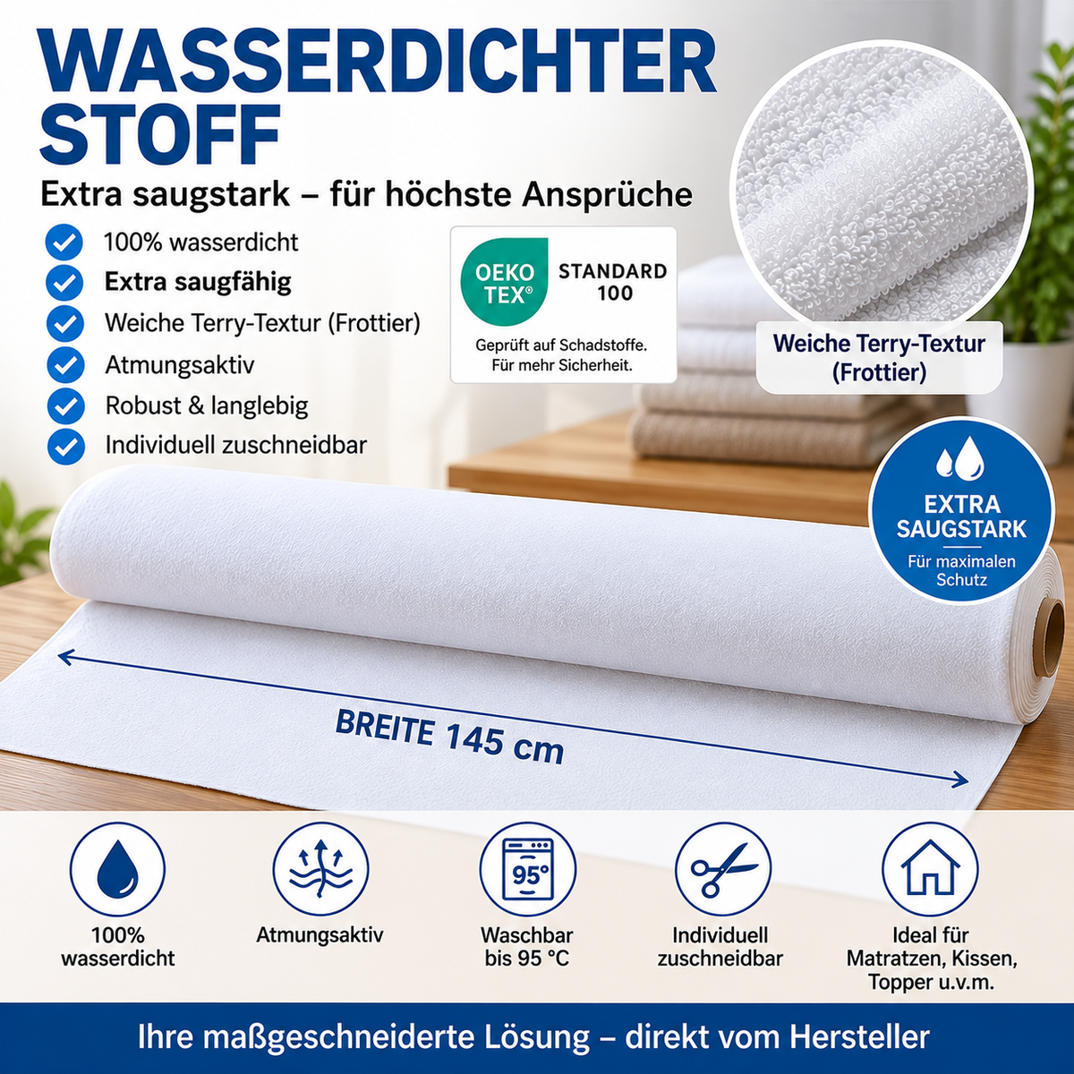 Wasserdichter Stoff nach Meter EXTRA saugstark 1,45 m Breite